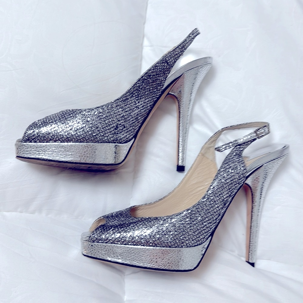 Jimmy Choo silver sparkle heels